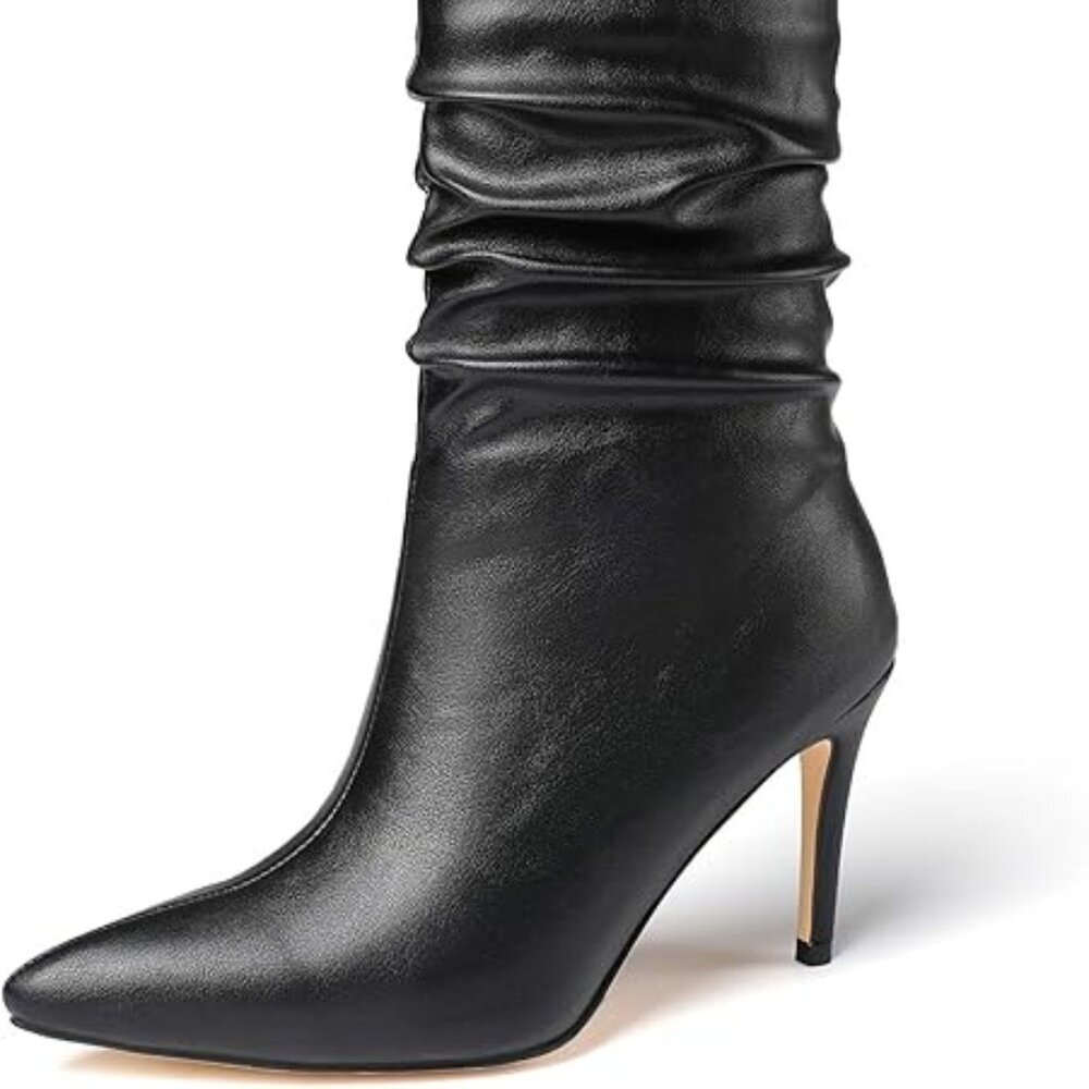 vivianly Womens Pointed Toe Heel Boots Stiletto Heels Mid-Calf Boots Zipper Boot